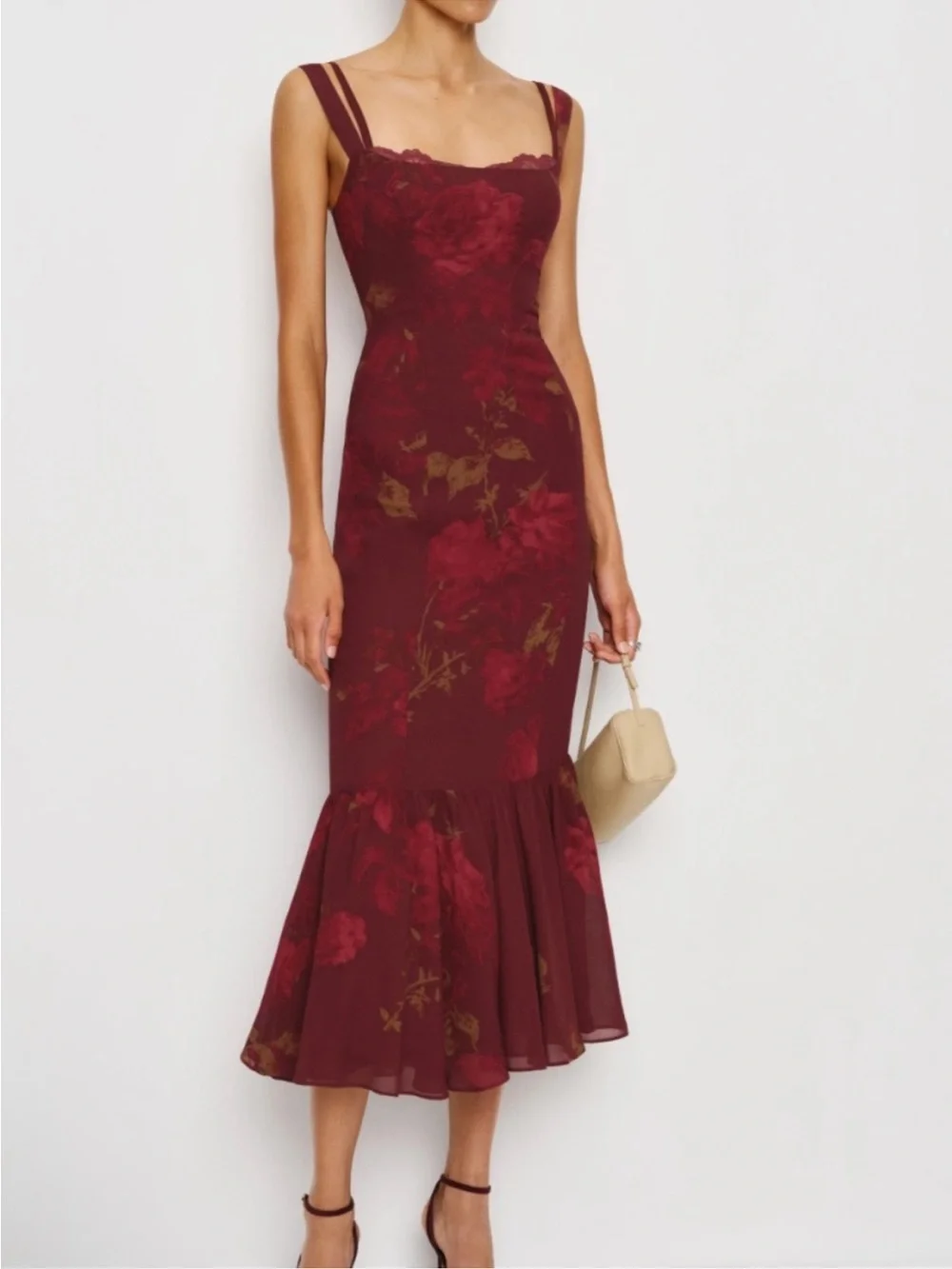 NWOT Reformation Iris Burgundy Wine Floral Whimsy Sz 12 Midi Dress - Picture 2 of 11